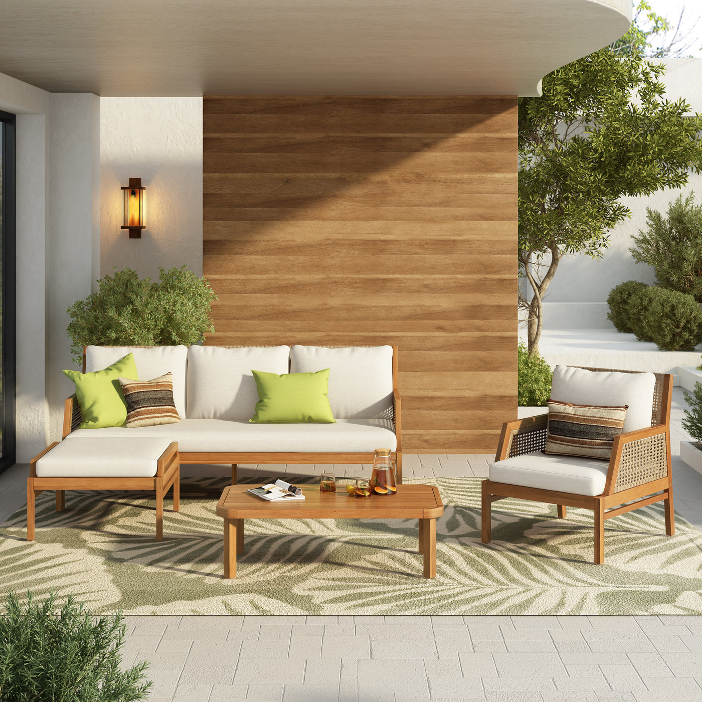 4 Piece Acacia Wood Patio Furniture Set, Outdoor Wicker Furniture Sectional Sofa Set with Coffee Table, 5 Seats Sofa Deep Seating with Soft Cushions for Garden, Backyard, Teak & Mix Brown & Cream