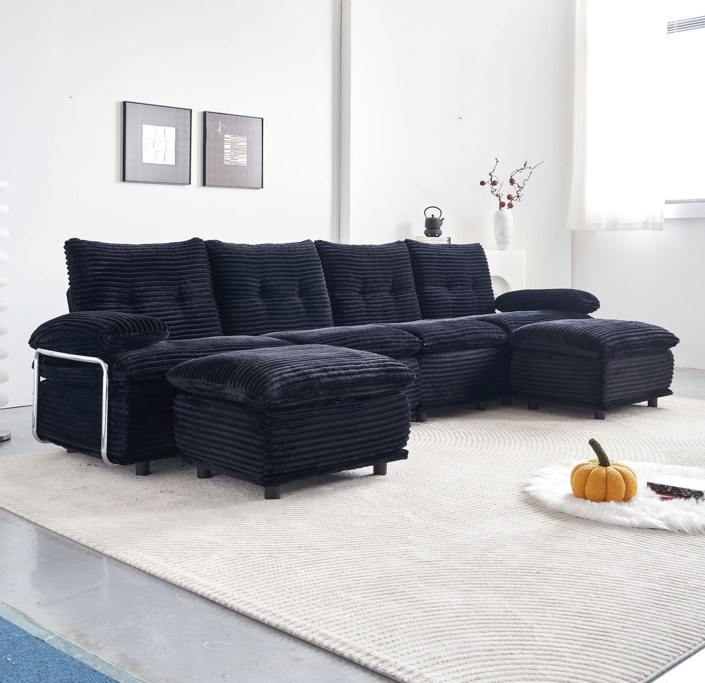 Sectional Sofa U-Shape Modular Corduroy Black 6-Seat with 2 Ottomans 140.94 In