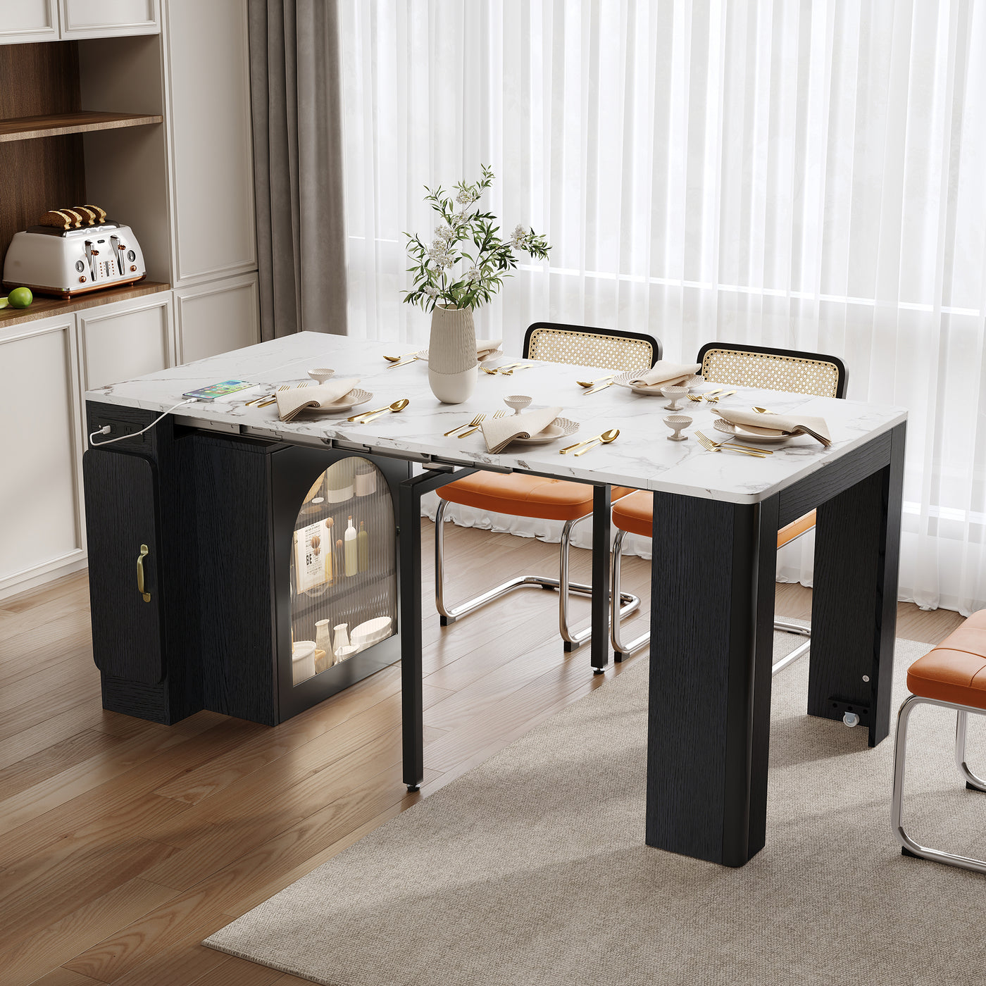 TREXM Extendable Dining Table with Storage Island, Black/Marble