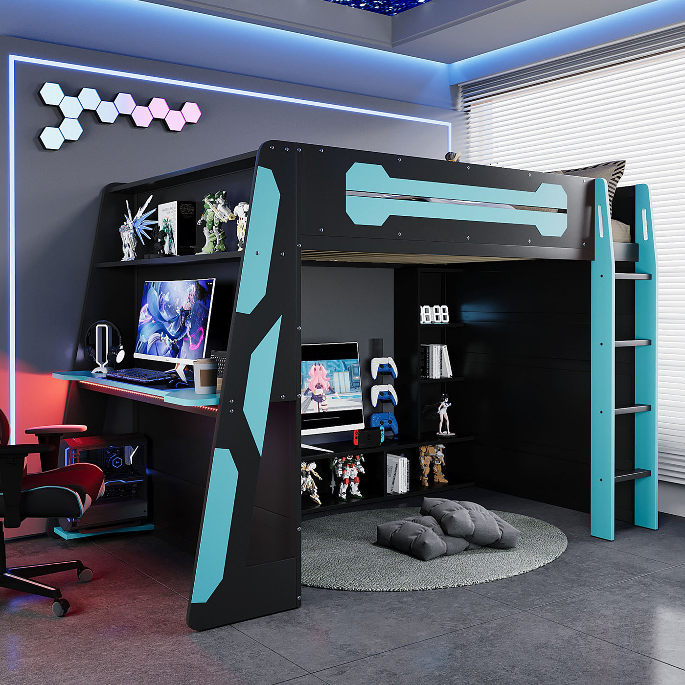 Full Size Wood Loft Bed with Desk, Multi-storage Shelves and RGB Light, Cloud