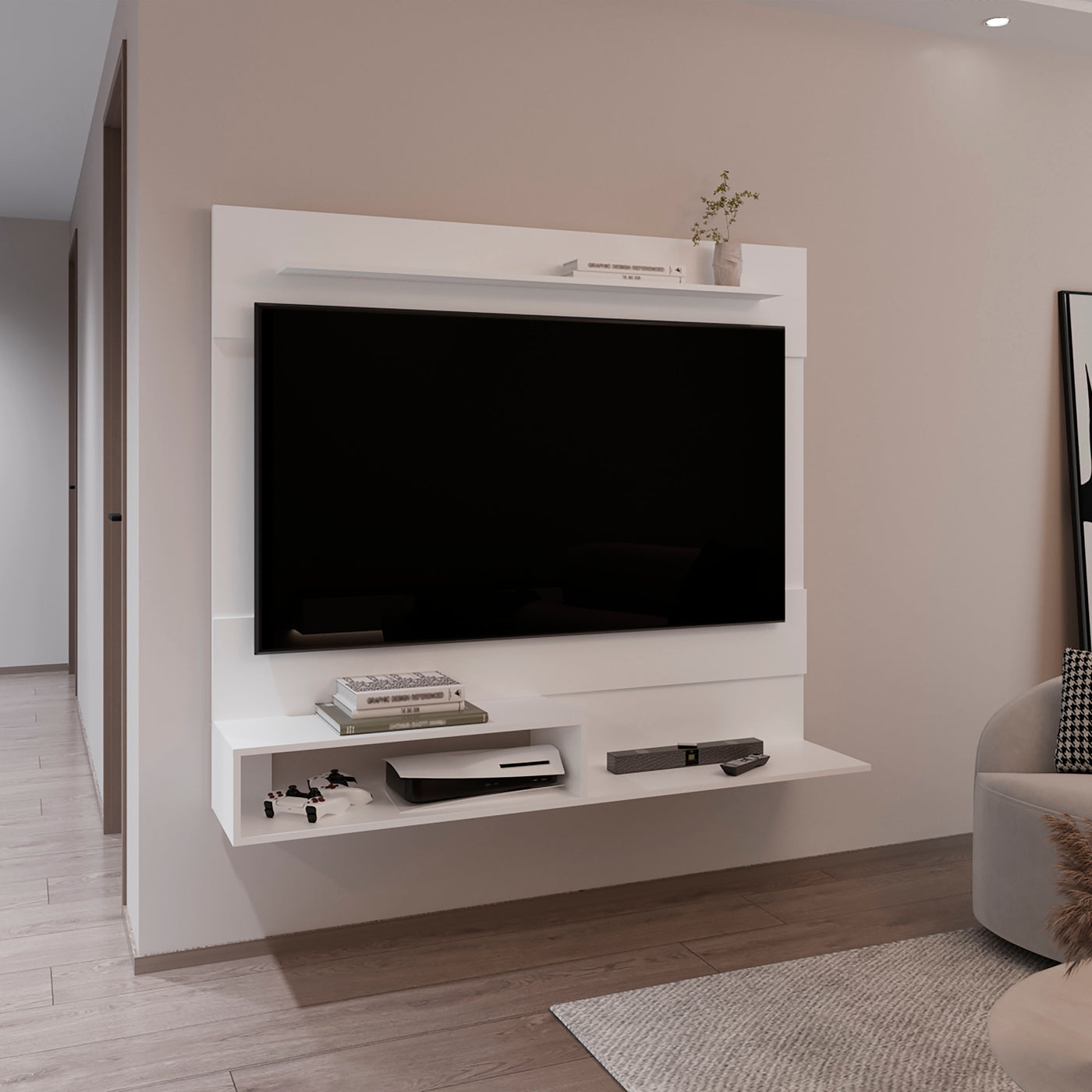 White TV Cabinet with Two Shelves Storage
