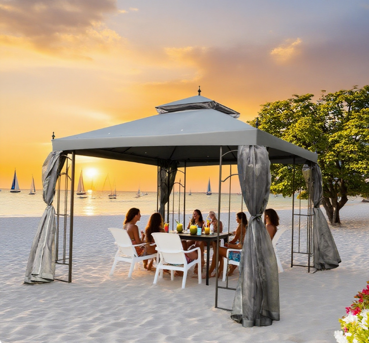 10x10 Ft Patio Gazebo With Corner Shelves And Double Roof Canopy For Patio Use