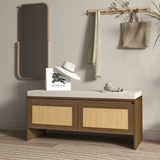PP Rattan Storage Bench with Cushion, Faux Rattan Shoe Cabinet with 2 Doors