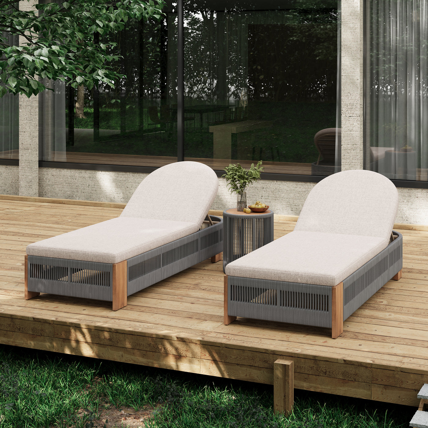 Chaise Lounge Acacia Wood Rope Teak Beige Set of 2 Adjustable Side Table