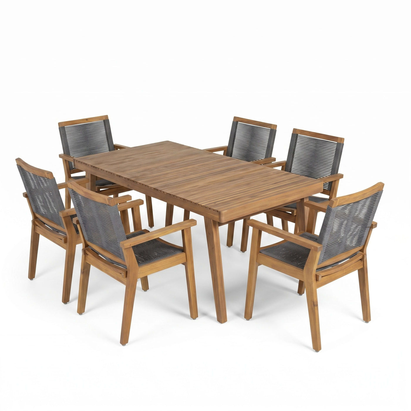 7-Piece Outdoor Patio Dining Set with 69' Acacia Wood Table and 6 Dark Grey Rope Arm Chairs in Brown and Dark Grey