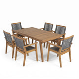 7-Piece Outdoor Patio Dining Set with 69' Acacia Wood Table and 6 Dark Grey Rope Arm Chairs in Brown and Dark Grey