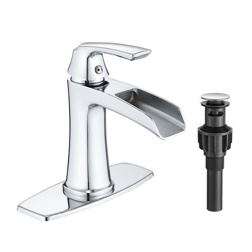 Chrome Waterfall Single Handle Bathroom Faucet Pop-Up Drain