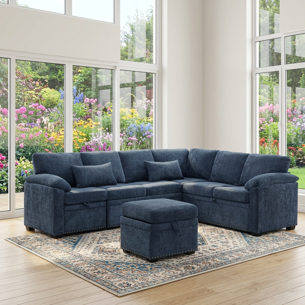 97" L-Shaped Sectional Sofa Bed with Storage Ottoman Dark Blue