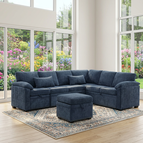 97" L-Shaped Sectional Sofa Bed with Storage Ottoman Dark Blue