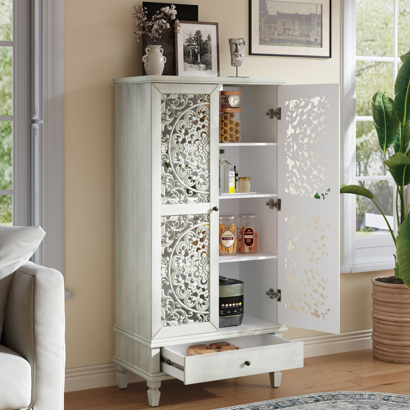 55" Rustic Storage Cabinet 2-Door Carved Wood Antique Grey