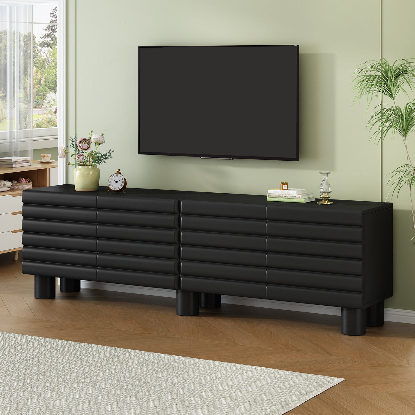 TV Stand Wavy Door Black MDF 4-Cabinet Cylindrical Legs Fits 70 In TV
