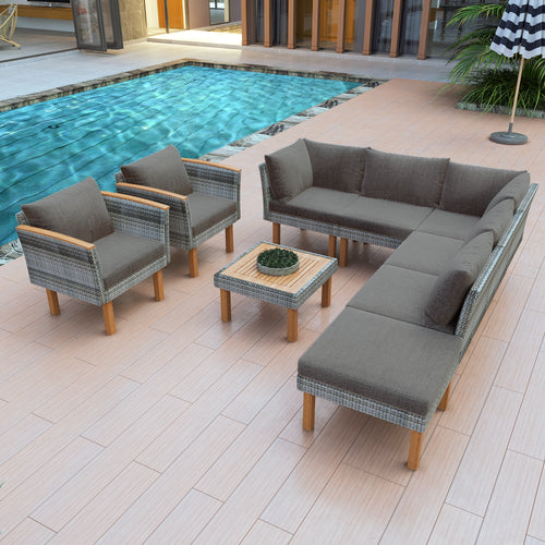 Outdoor Sectional Set PE Rattan Acacia Wood Gray 9 Piece 250 LB