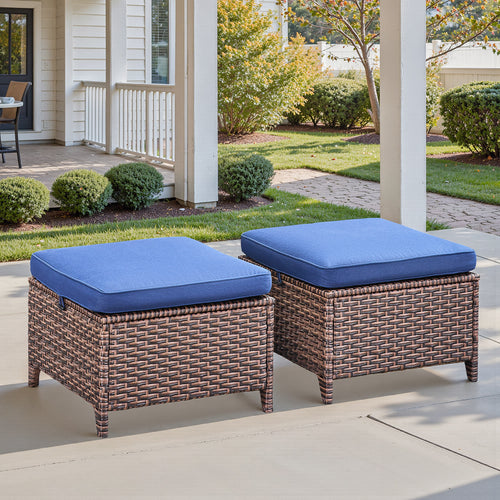 Set of 2 PE Wicker Patio Ottomans with Blue Cushions