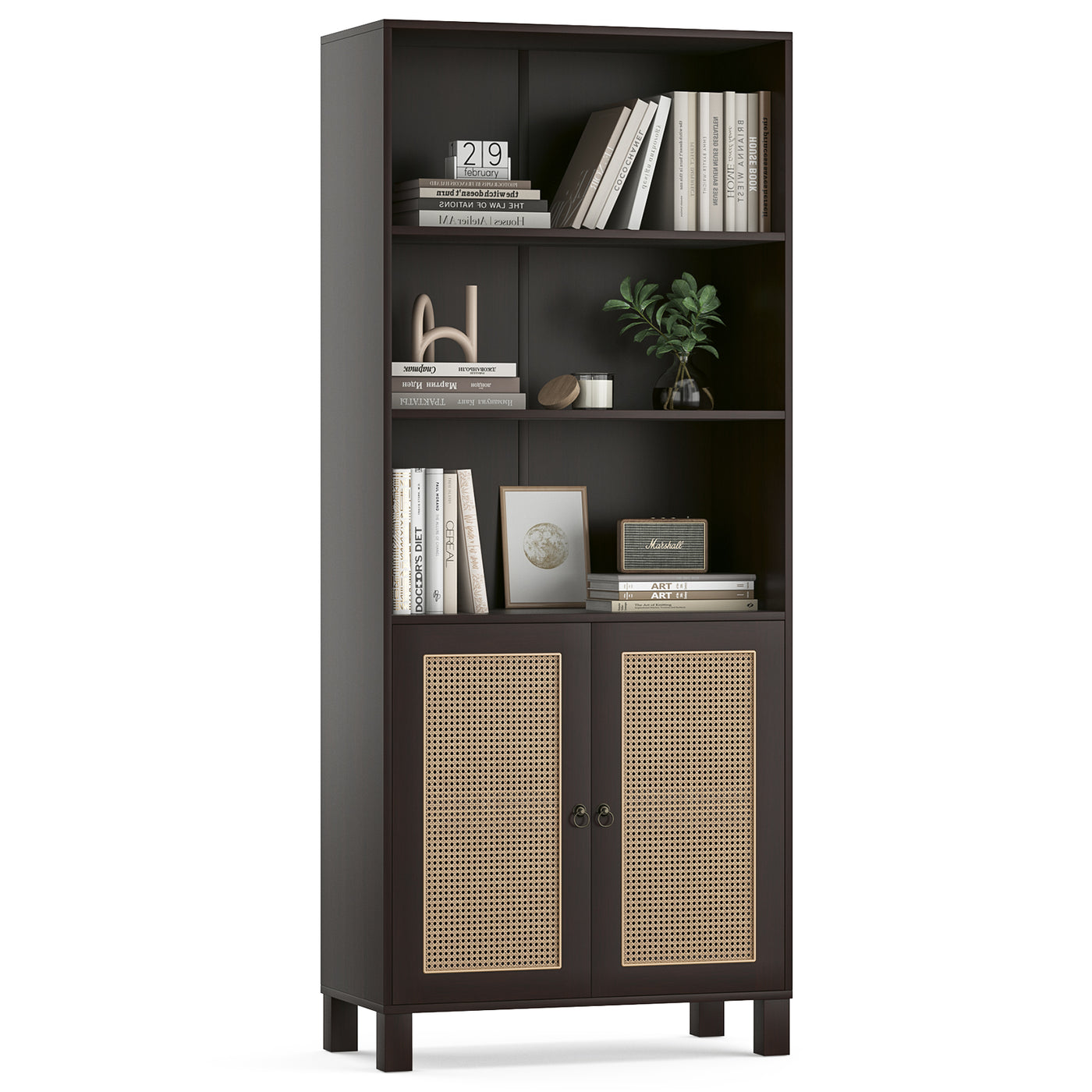 Tall Walnut Rattan 5-Tier Wood Shelf Bookcase Cabinet