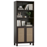 Tall Walnut Rattan 5-Tier Wood Shelf Bookcase Cabinet