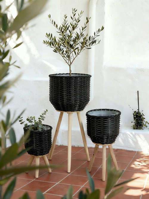 Black Poly Rattan Storage Baskets Set of 3 with Wooden Legs