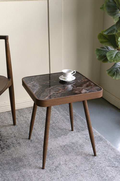 Square Glass Top Side Table 17.3" Marble Gold Iron Legs