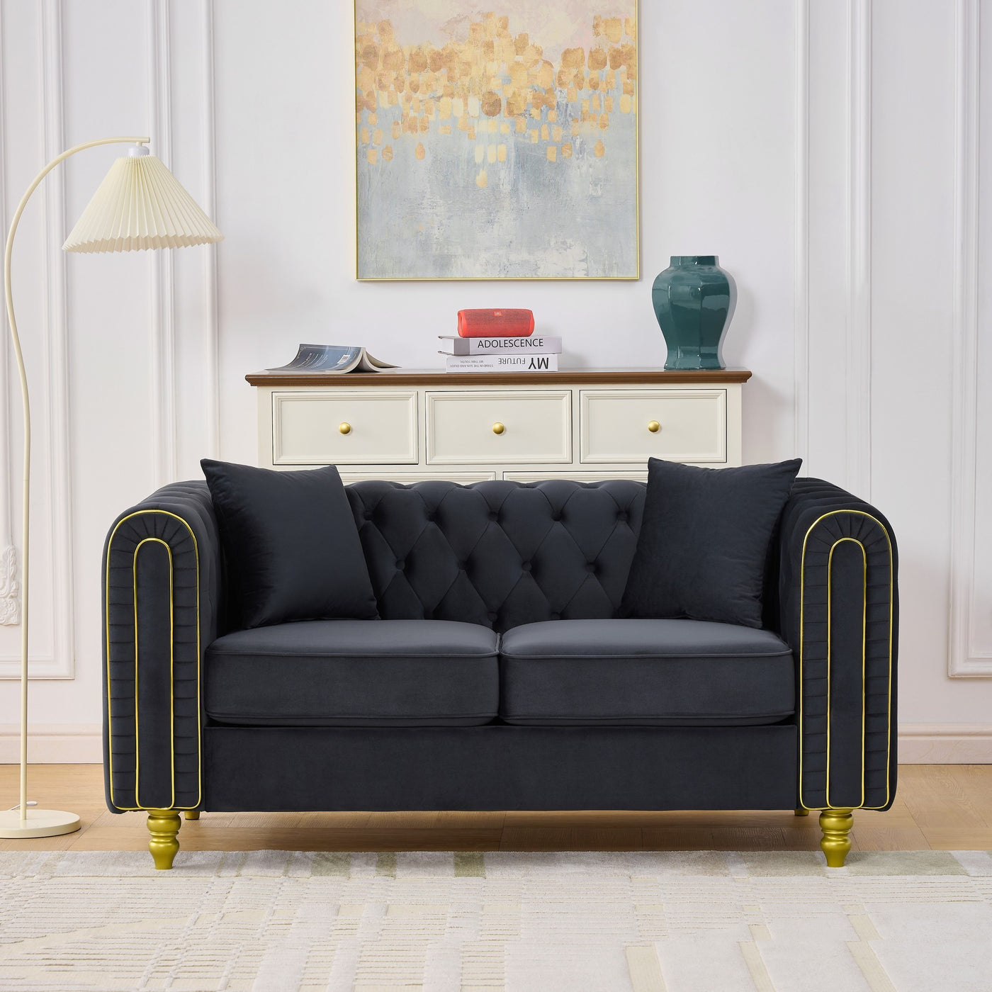 63" Modern Button Tufted Velvet Loveseat Sofa Black Gold