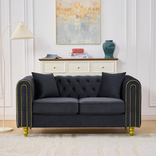 63" Modern Button Tufted Velvet Loveseat Sofa Black Gold