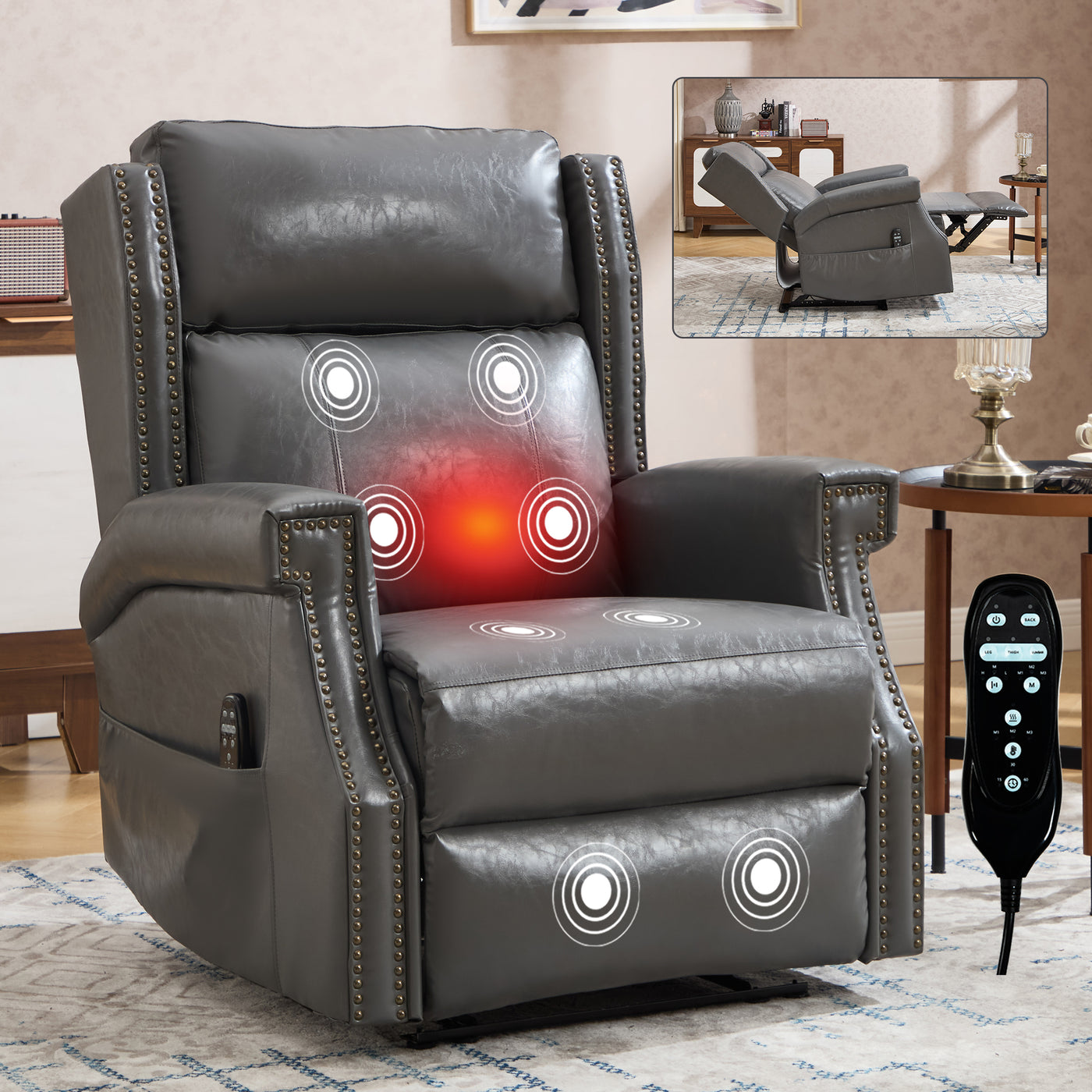 Recliner Chair Manual Faux Leather Gray Heat Massage 155 Degree 8 Nodes