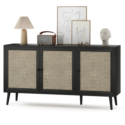 Black Rattan Door Sideboard Buffet Cabinet Large