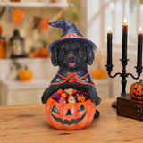 Halloween Black Labrador Retriever Witch Puppy Figurine, Cute Dog Holding Pumpki