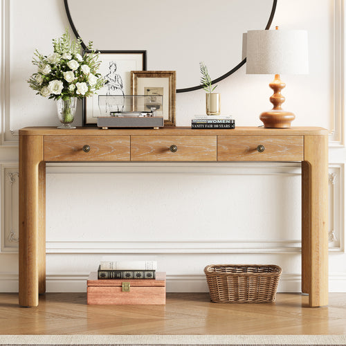 Rustic Console Table with 3 Drawers, Curved Corners, Natural