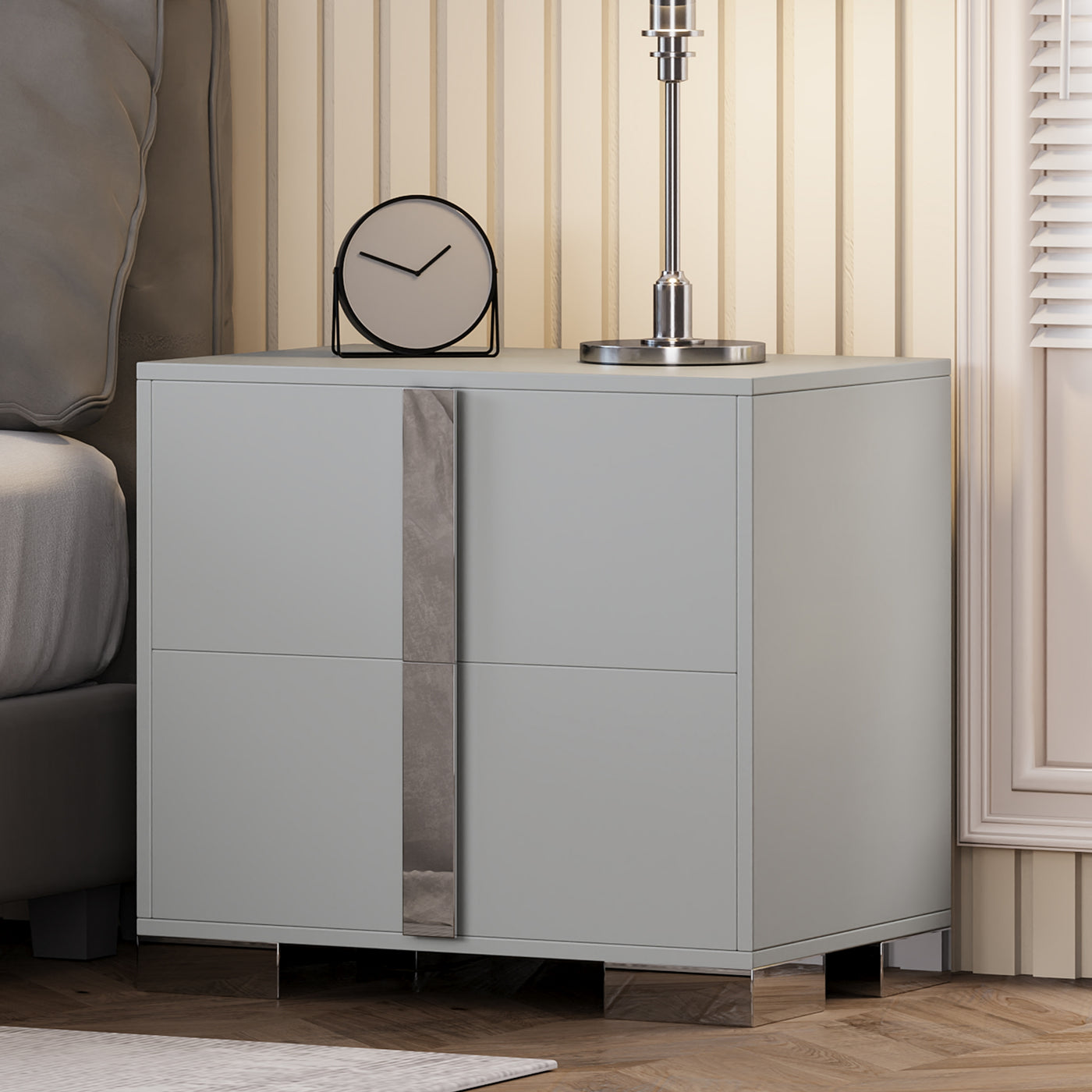 Modern Grey End Table with Drawers and Metal Handles