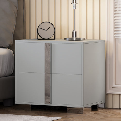 Modern Grey End Table with Drawers and Metal Handles
