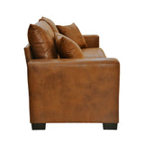 Light Brown Foil Fabric Two-Seater Sofa with Throw Pillows, Wood and Fabric Construction, 69-Inch Compact Design
