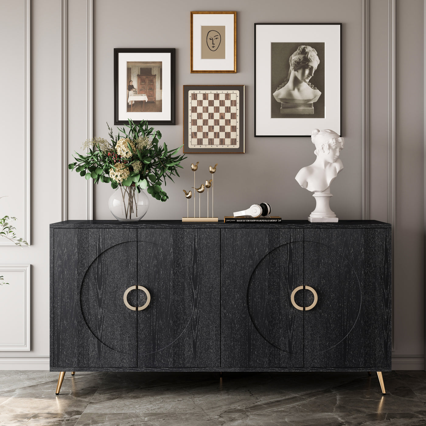 Distressed Black 4 Door Wooden Cabinet Sideboard Storage