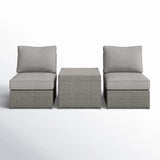 Outdoor Patio Set HDPE Wicker Gray 3 Piece 2 Armless Chairs Glass Table