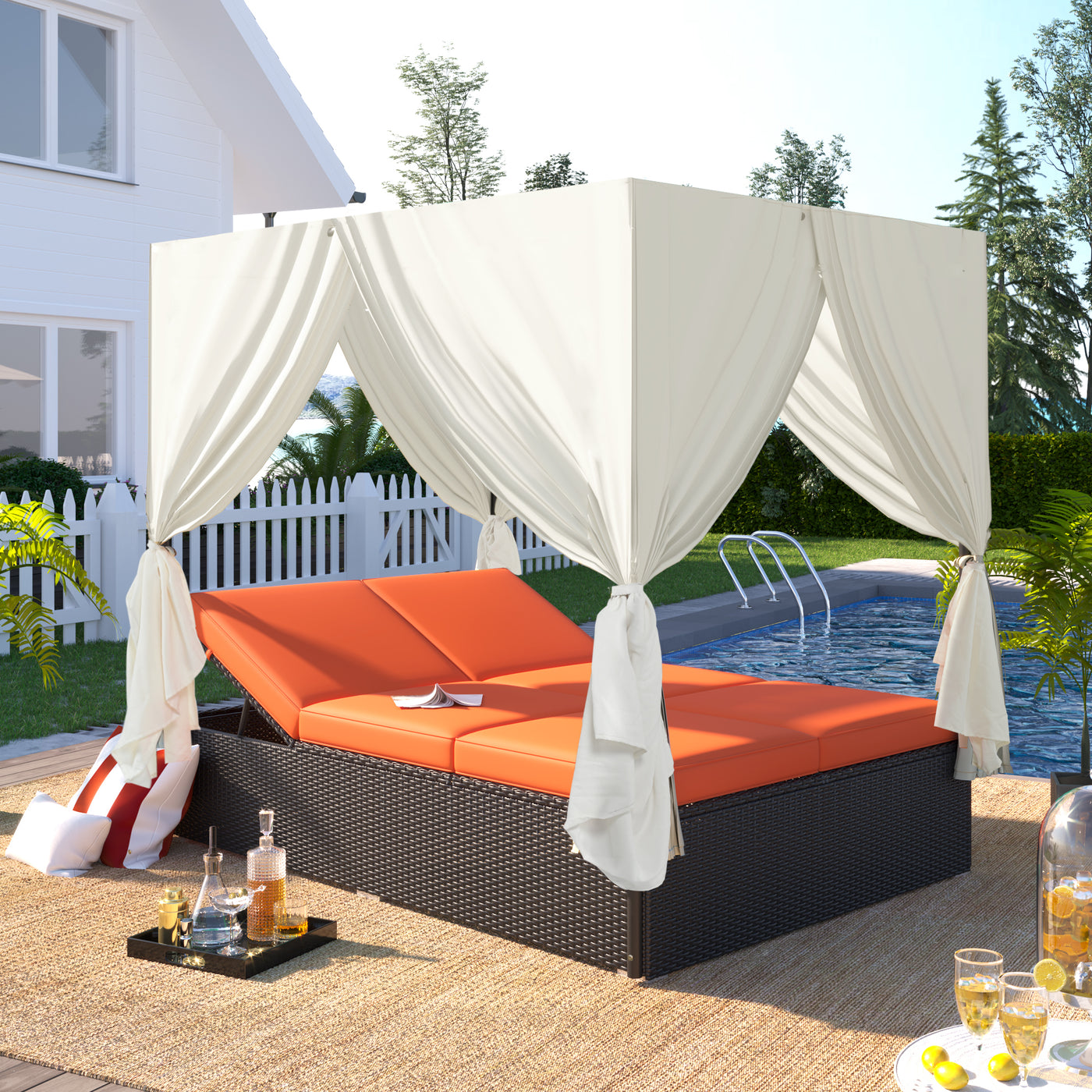 Outdoor Double Chaise Lounge Daybed with Curtains Adjustable