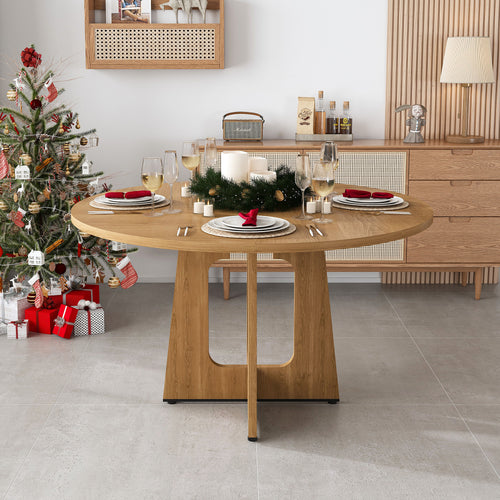 47 Inch Round Farmhouse Dining Table, Oak Finish, 300lb