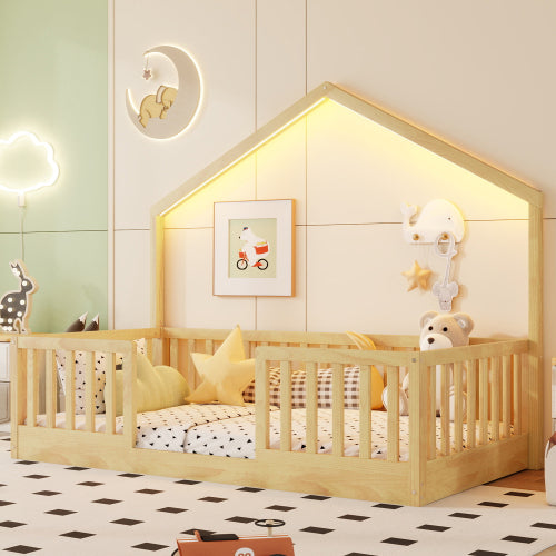 Twin Montessori Floor Bed with Rails and Light