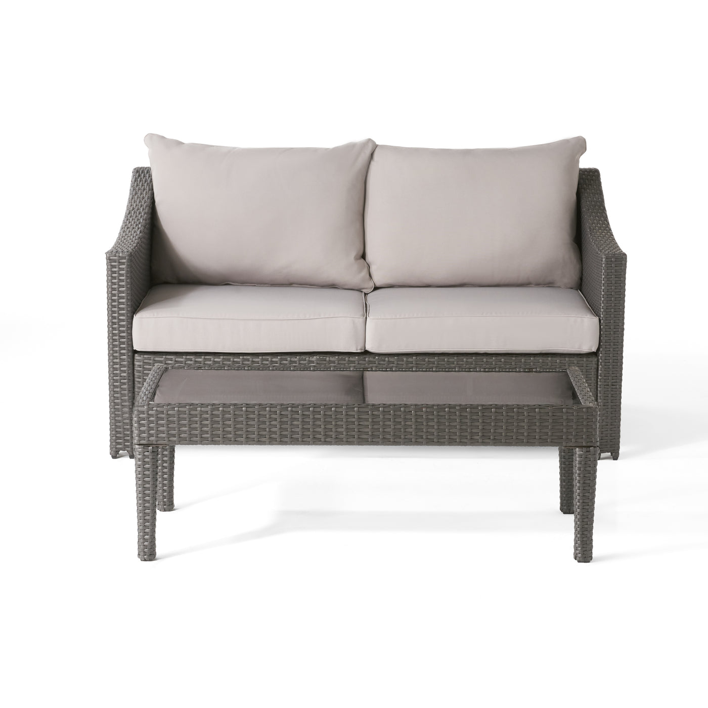 Grey PE Rattan Outdoor Loveseat & Table Set Waterproof