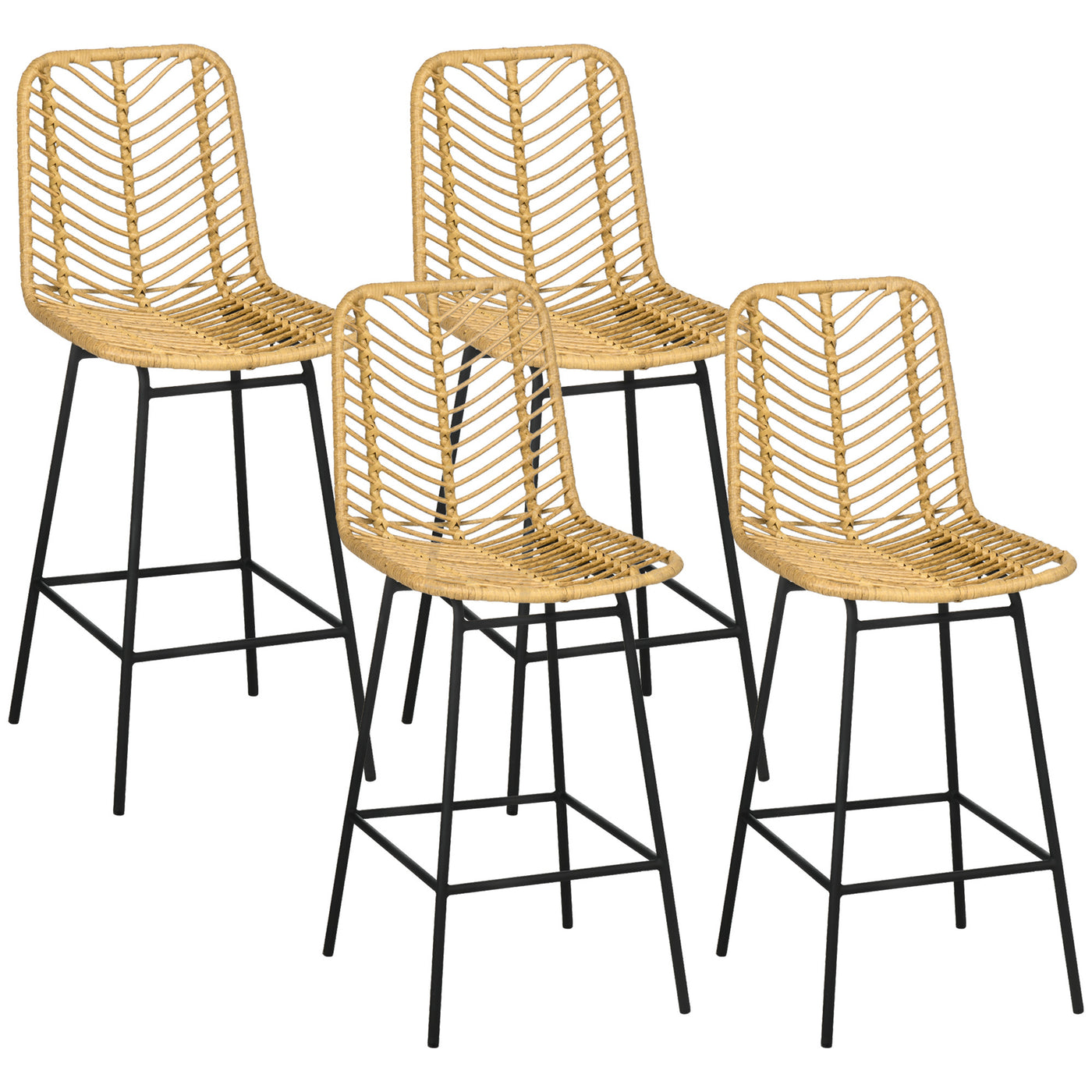 Set of 4 Rattan Counter Height Barstools, Wicker Yellow