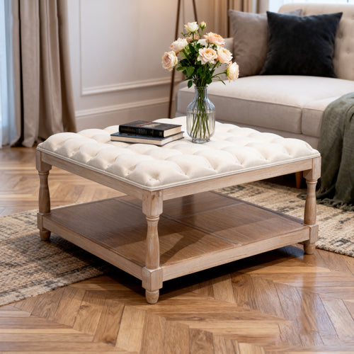 33" Square Tufted Ottoman Coffee Table Storage Beige