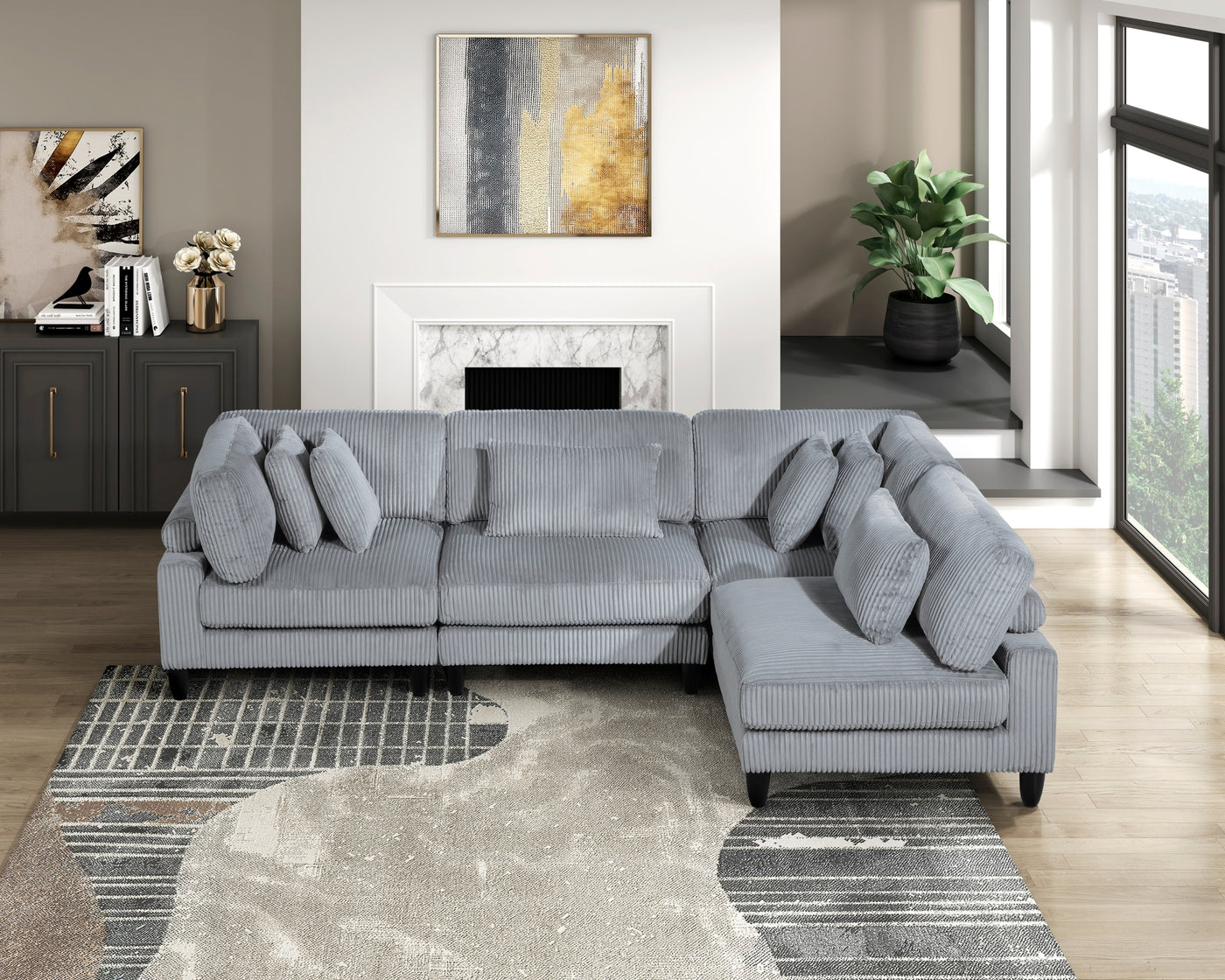 4-Piece Gray Corduroy Modular Sectional Sofa with Cushions