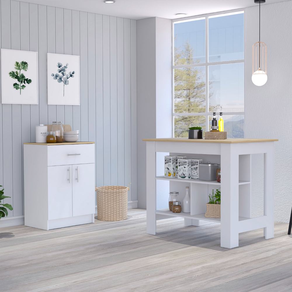 2 Piece White Light Oak Kitchen Island Pantry Cabinet Set