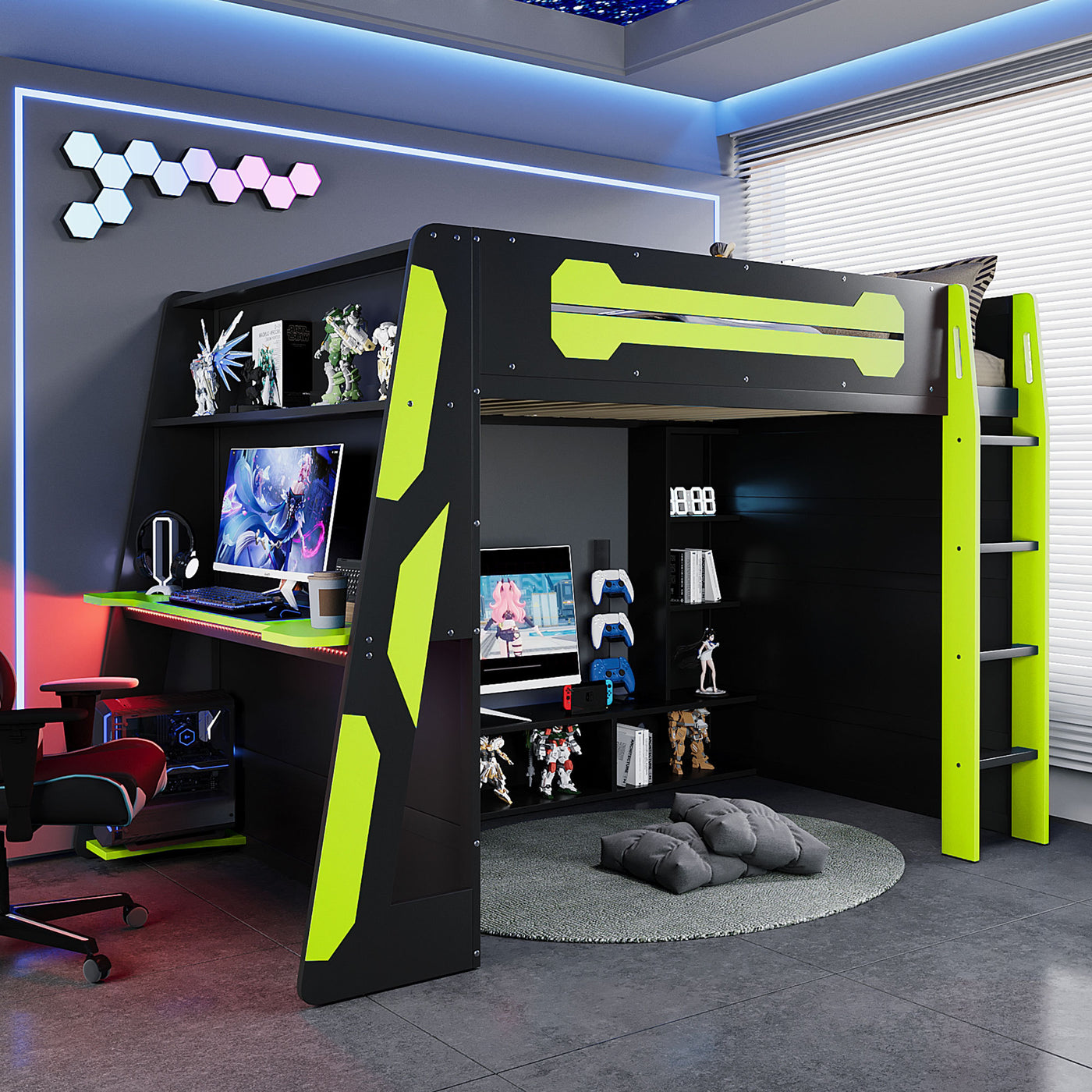 Full Size Wood Loft Bed with Desk, Multi-storage Shelves and RGB Light, Green