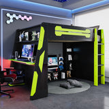 Full Size Wood Loft Bed with Desk, Multi-storage Shelves and RGB Light, Green