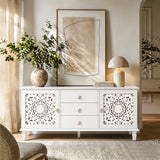 Farmhouse TV Stand with Hollow Carved Doors, Vintage Sideboard Buffet Storage Ca