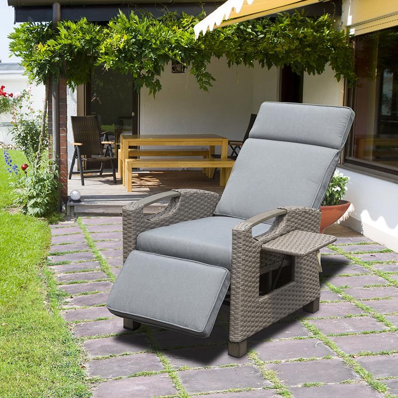 Outdoor Recliner Chair Wicker Gray Adjustable 150 Degree Flip Table