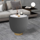 Round Sintered Stone Sofa End Table, Leather Edge, Metal Base, Living Room