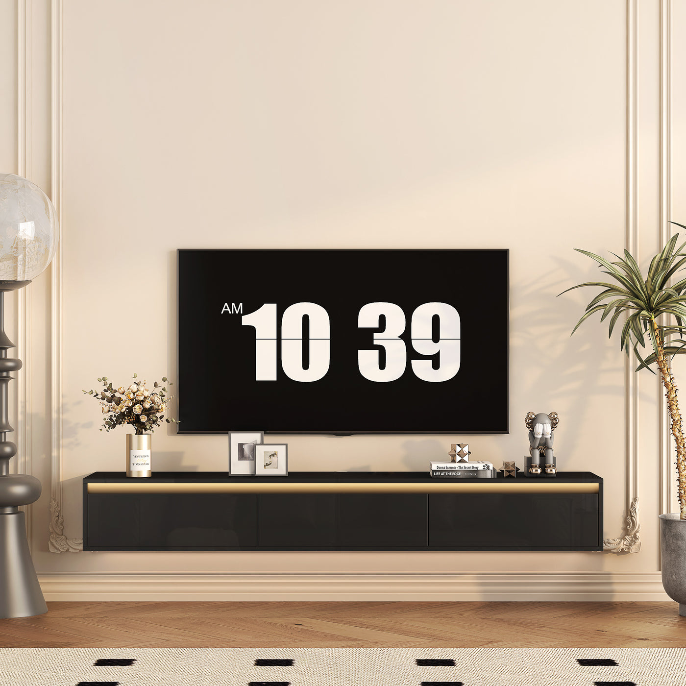 TV Stand Wall-Mounted Floating LED Black MDF 3 AC 2 USB Fits 65 In TV