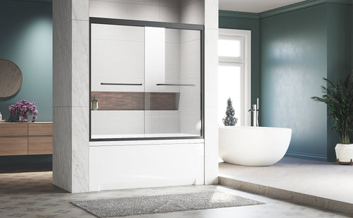 Sliding Glass Tub Door 56-60 in. W x 57 in. H, Matte Black Semi Frameless Dou