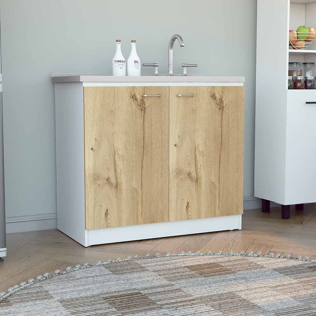 Napoles White Light Oak Utility Sink Cabinet Double Door