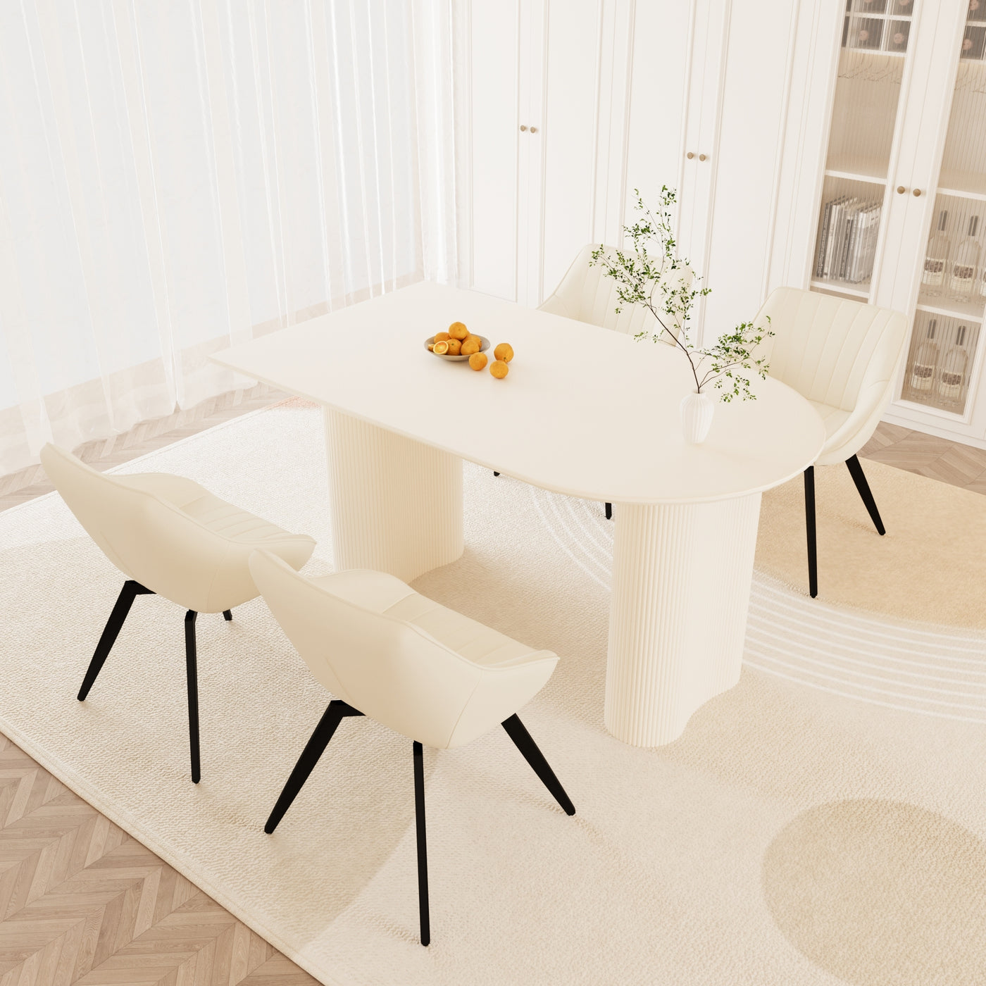 63' medieval modern cream style MDF dining table and beige PU dining chair set,