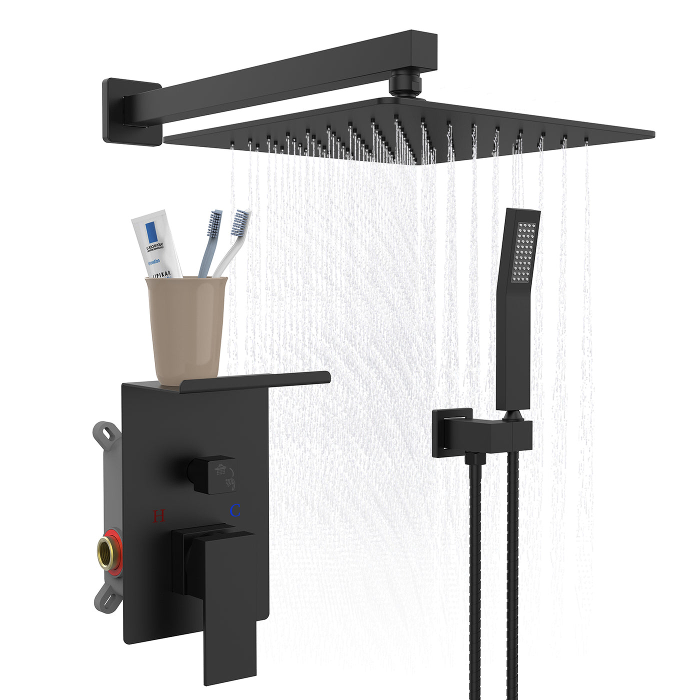 Matte Black 10" Rainfall Shower System Wall Mount Square Head